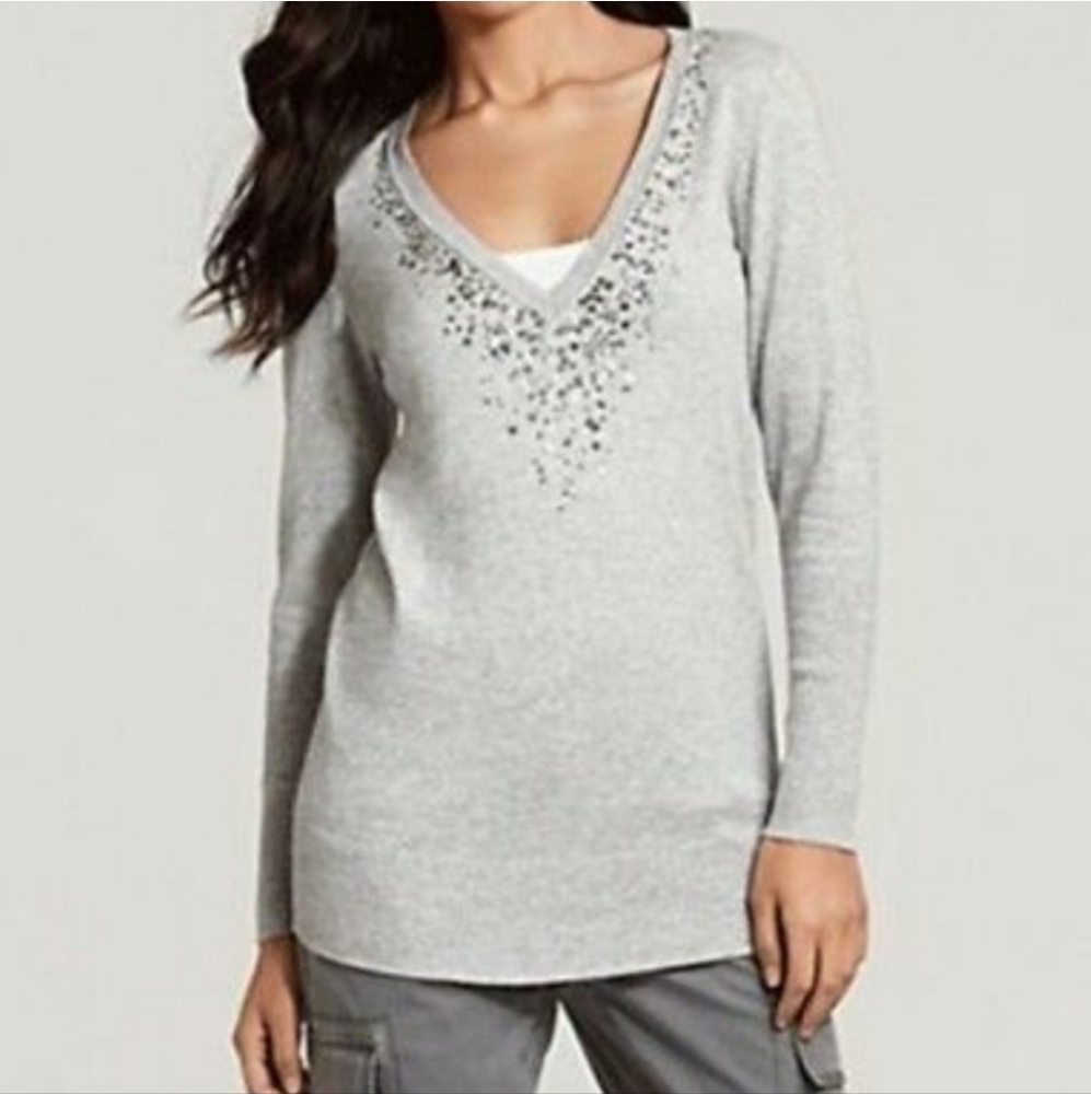 Eileen Fisher V-Neck Gray Sweater Sequins Longline Holiday Cashmere Blend XL